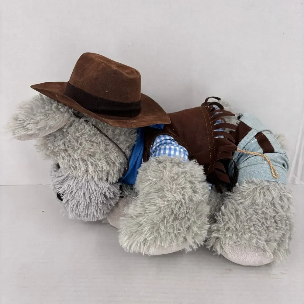 Teddy Mountain Plush Puppy Dog Gray Shaggy Cowboy‎ Outfit Hat Jeans Vest 18 Inch